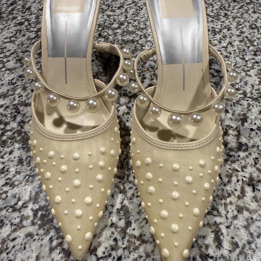 Dolce Vita Tan Pearl-Adorned Heels